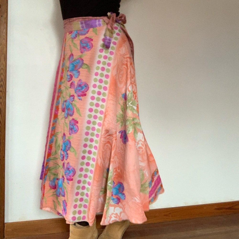Reversible Silk Wrap Maxi Skirt – Vibrant Pink & Peach, Flowy & Versatile
